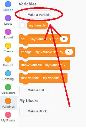 The Make a Variable button in Scratch under the Variables blocks section.