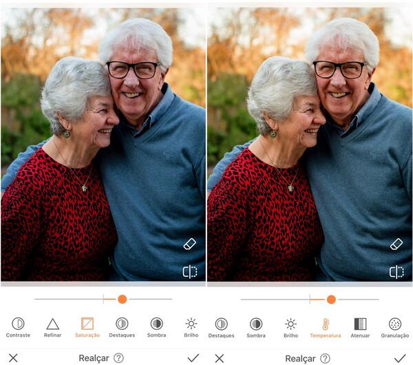 Foto de avós sorrindo sendo editada pelo AirBrush com a ferramenta Realçar