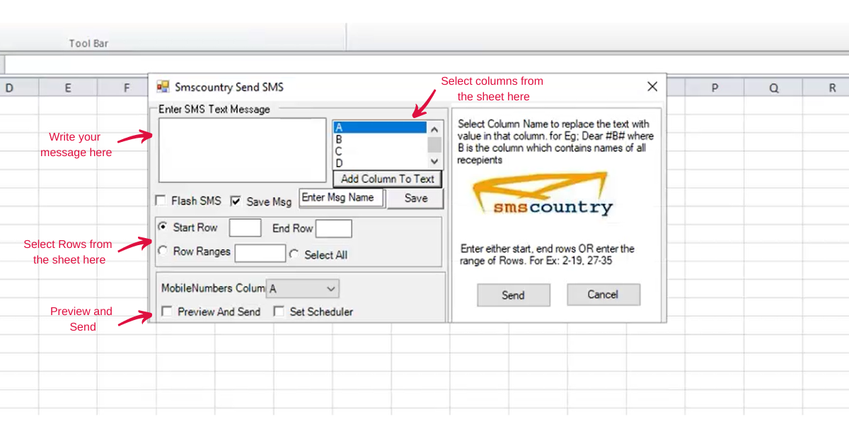SMSCountry Excel plugin | compose an SMS an send it