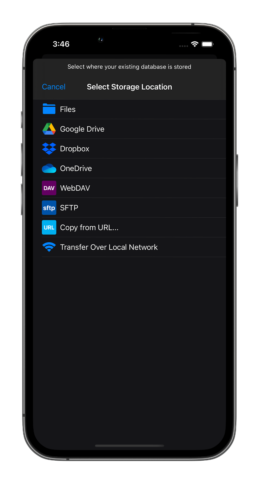An iPhone showing a list of different database storage locations, including Google Drive, Dropbox, etc.