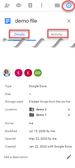 Google Drive - "i" icon side panel