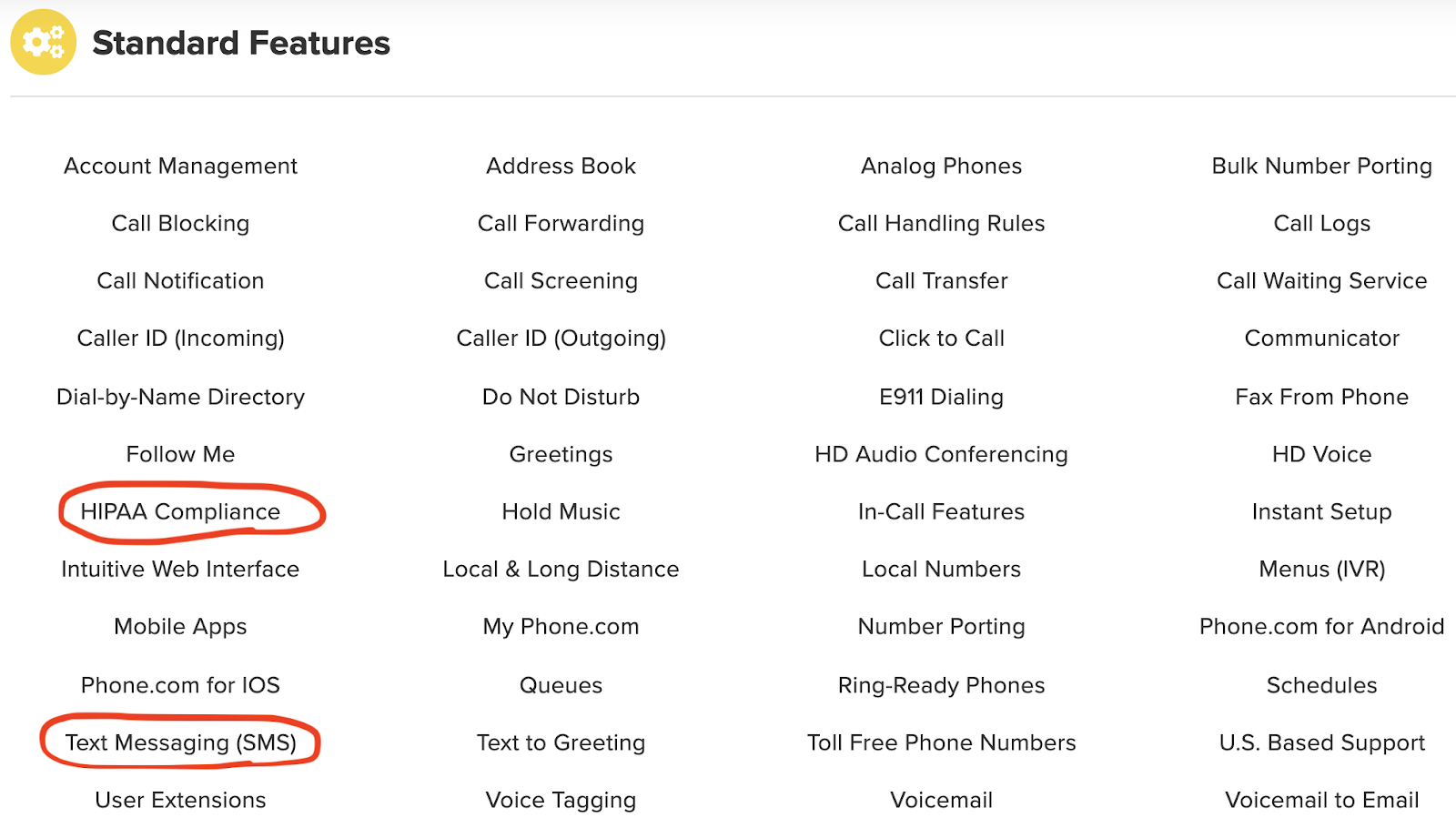 Phone.com 800 Numbers Standard Features