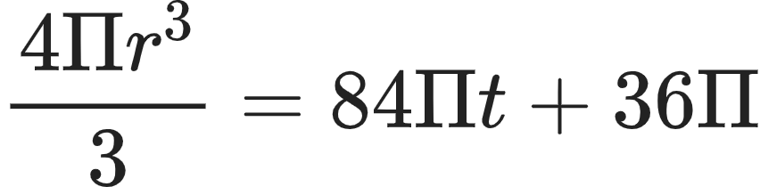 {"type":"align*","code":"\\begin{align*}\n{\\frac{4\\Pi r^{3}}{3}}&={84\\Pi t+36\\Pi}\t\n\\end{align*}","font":{"family":"Arial","color":"#222222","size":10},"id":"32-1-0-0","ts":1603797800199,"cs":"j7ze4cPKLA3fEqt64PRggg==","size":{"width":141,"height":34}}