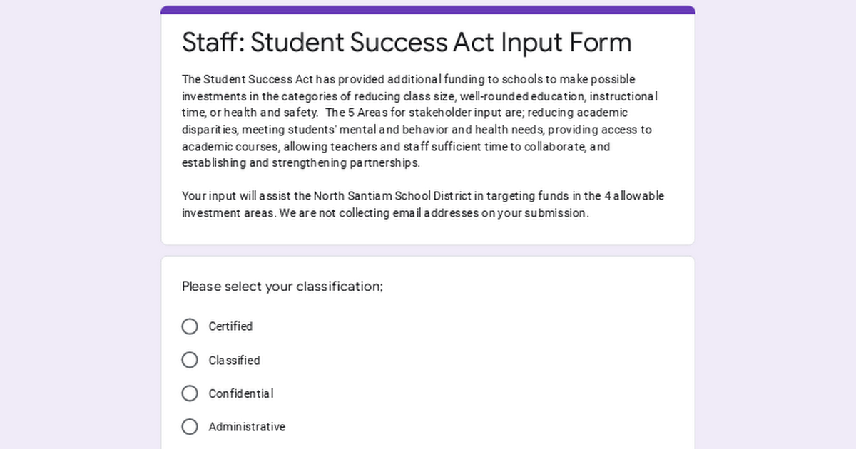 Staff: Student Success Act Input Form