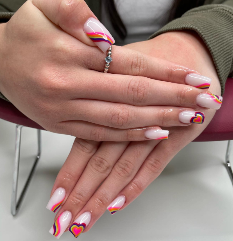 Rainbow Hearts White Nails With Design
