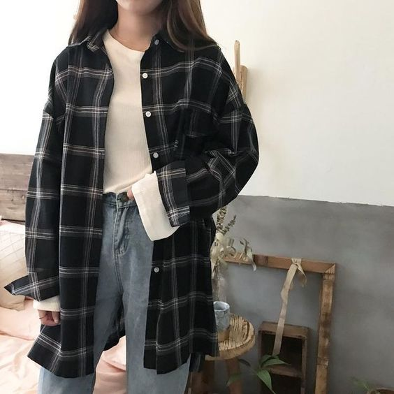 Áo khoác sơ mi unisex Flannel kẻ caro+áo phông trắng+quần jean ống rộng