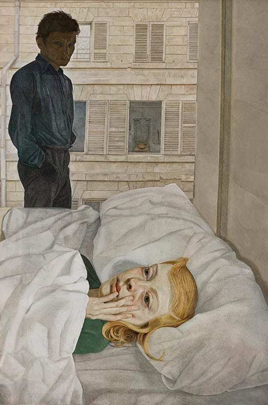 painting of a woman in bed