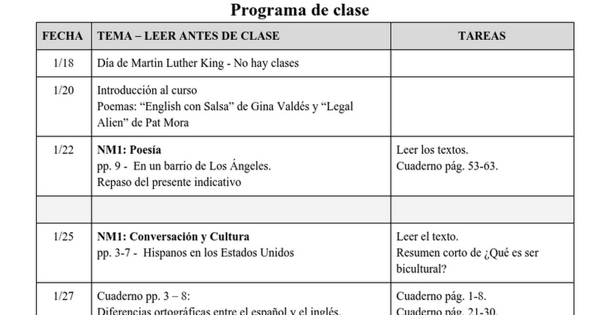 Programa de clase SPAN 3123 Sección 1