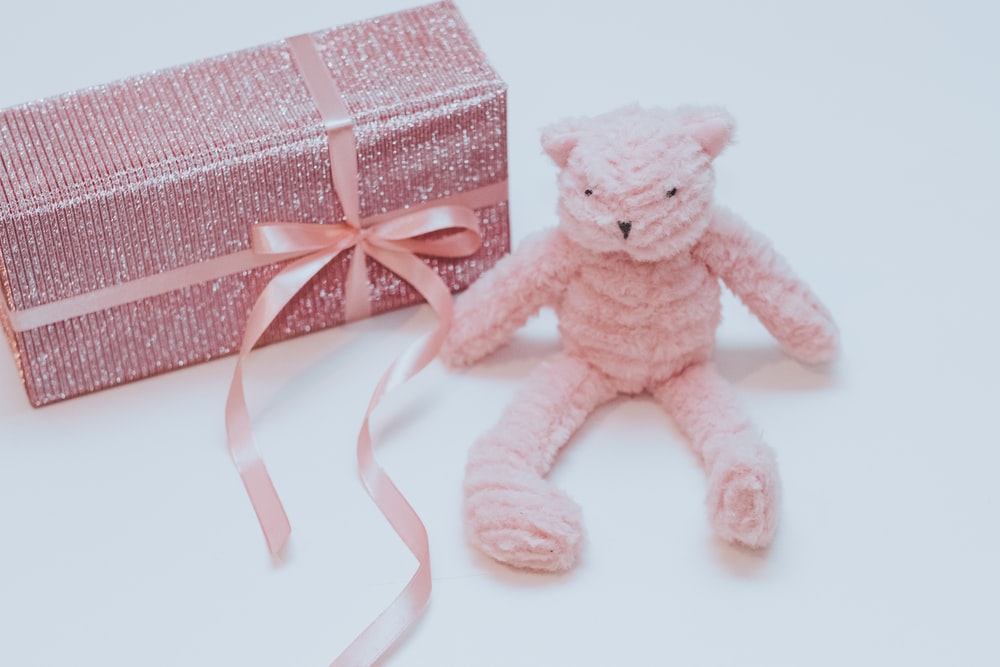 pink teddy bear beside gift box