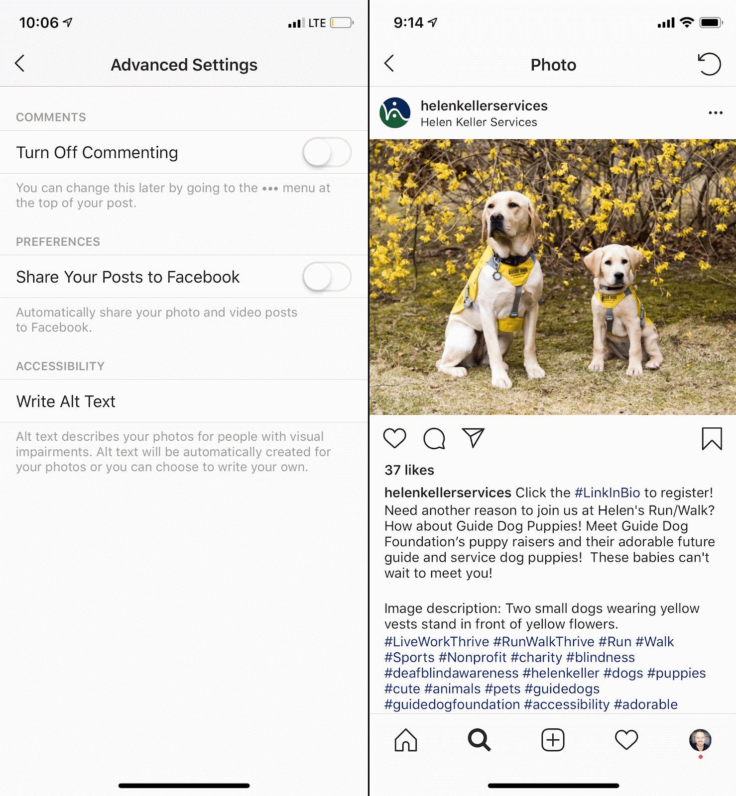Two mobile phone screenshots are shown in this image. The first shows the Instagram Advanced Settings screen where image descriptions can be provided. The second screenshot shows an Instagram post from Hellen Keller International, as an example of how to share an Image Description in the copy of the image’s post. 
