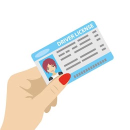 [Image is a drawing of a light skinned hand with red fingernails holding a blue and white card. The card says "driver license" at the top, has a head shot of a person with short brown hair on the left, and lines made to look like text on the right.] 