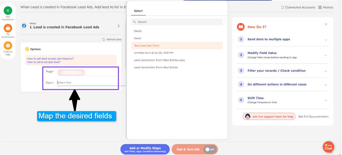 Map the desired fields for setting up your automation in Integrately