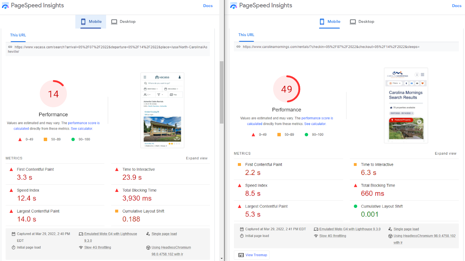 Vacasa vs ICND Axis booking engine pages PageSpeed scores mobile