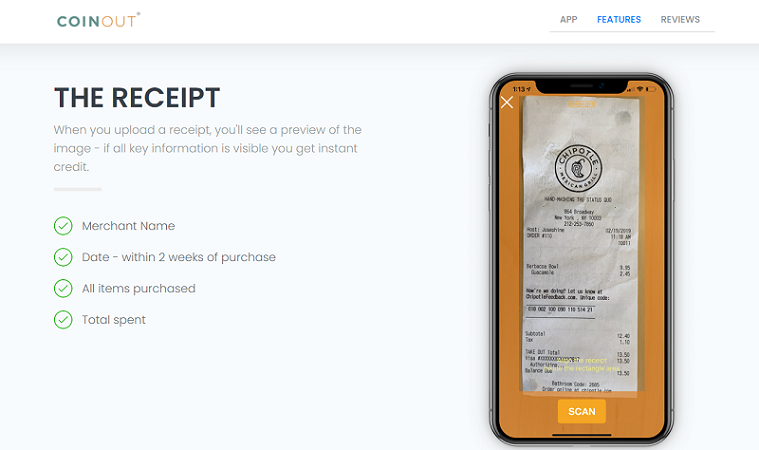 CoinOut app scan of receipt