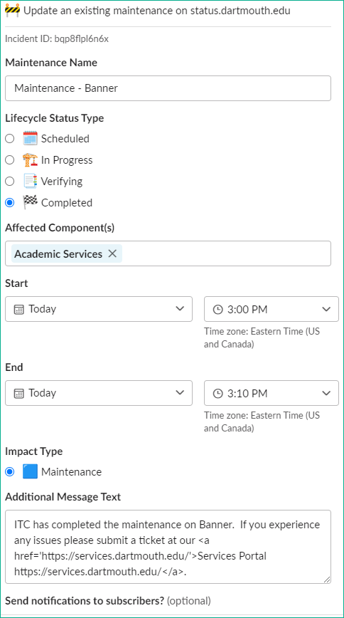 screenshot of Slack app to update maintenance