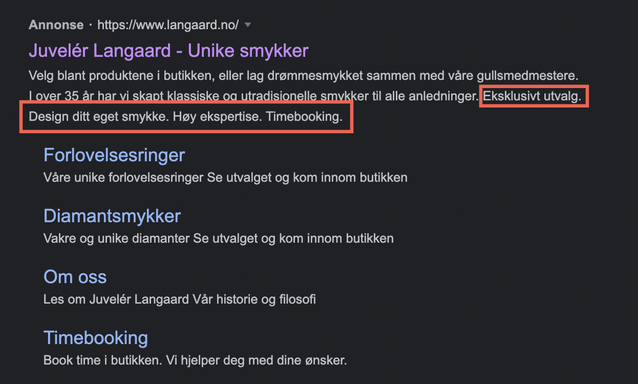 Illustrasjon av innholdselement i Google Ads: Infoelementer