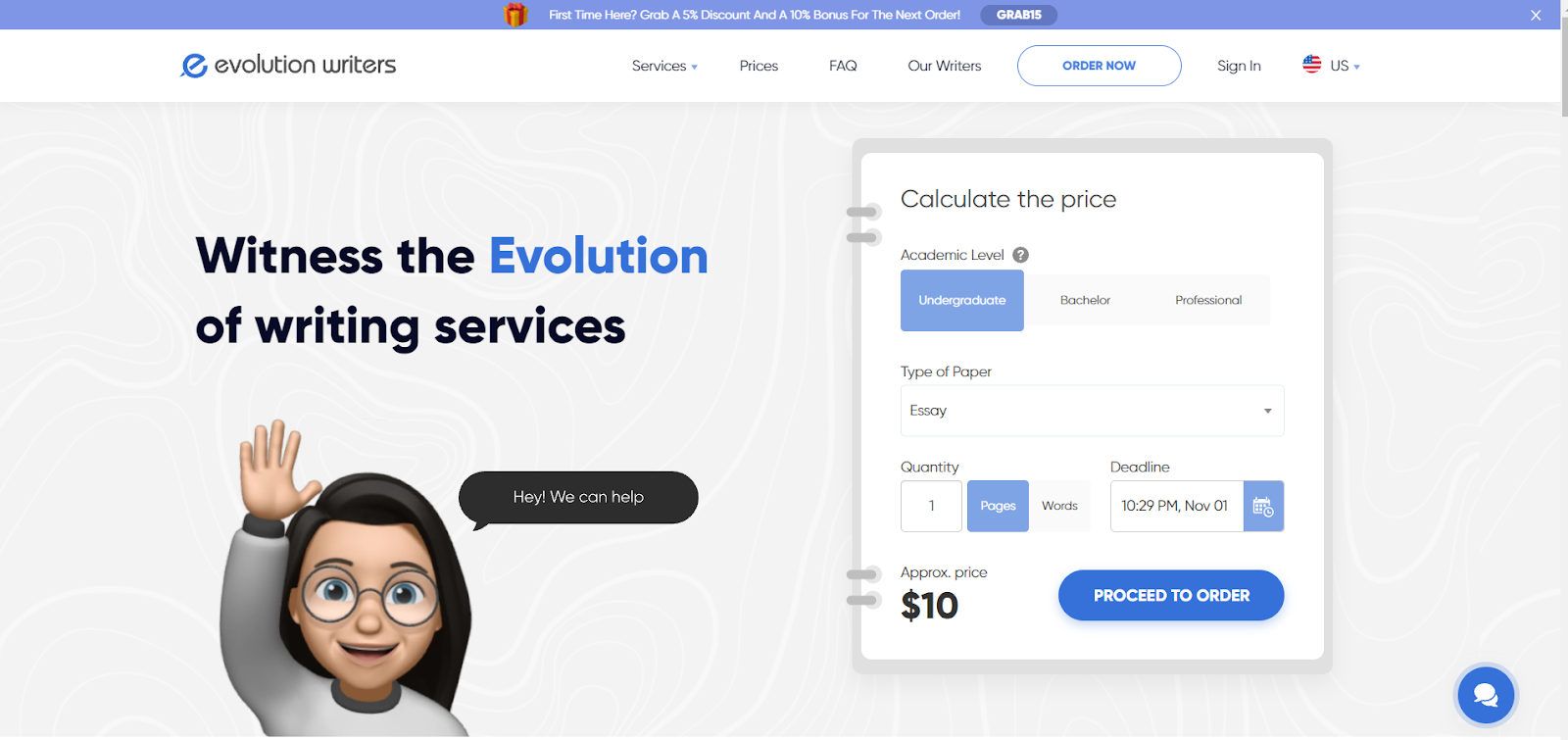 EvolutionWriters Homepage Image/Price Calculation