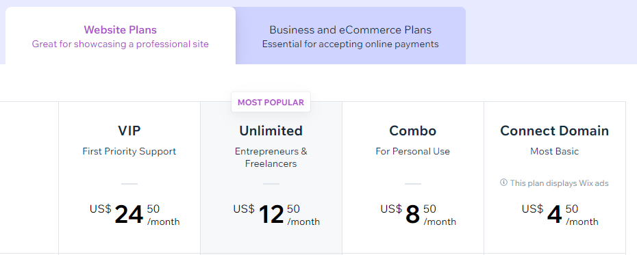 Wix plans and pricing