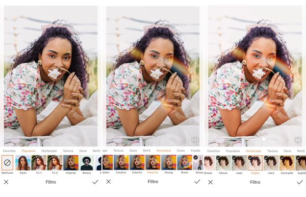 Foto de uma mulher negra sorrindo, deitada na grama e segurando uma flor, sendo editada pelo AirBrush