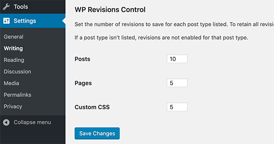 Configurações de controle de revisões do WP