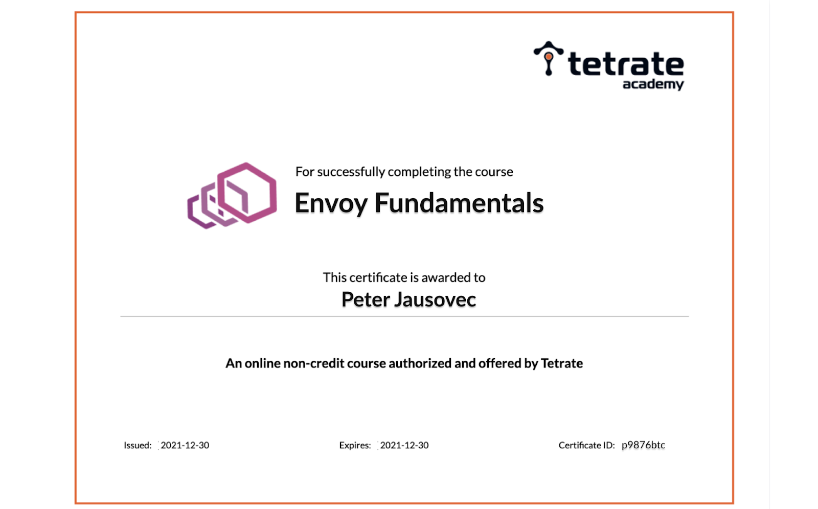 Certificate of Envoy Fundamentals Course Completion by Peter Jausovec