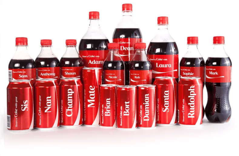 A look at the range of #shareacoke beverages all displaying different names.