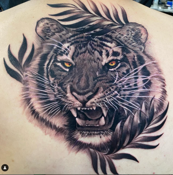 Black Ink Tiger Back Tattoo