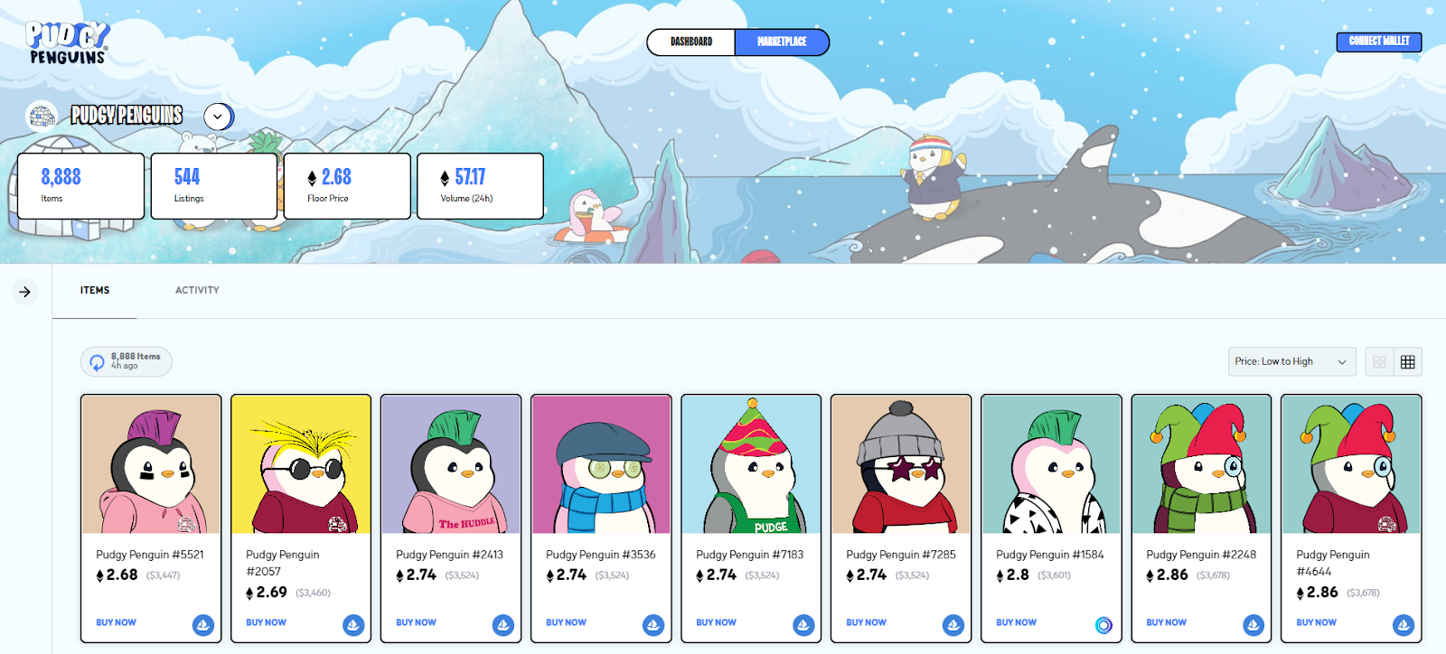 A screenshot of The Pudgy Penguin official marketplace powered by Origin Story.