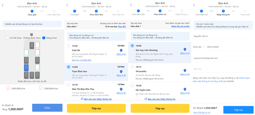 Chọn giờ, chỗ mong muốn, điểm đón/trả và điền đầy đủ thông tin.