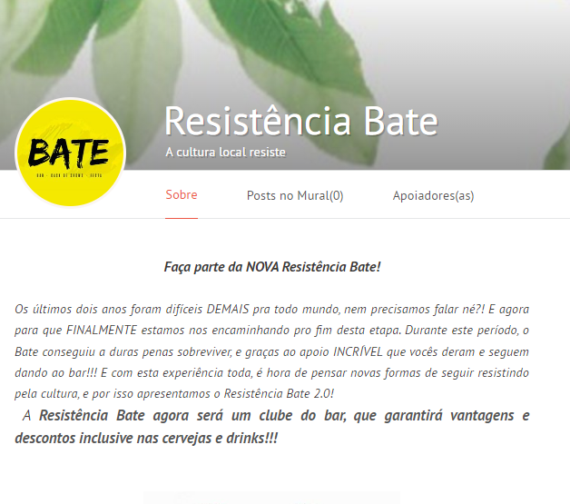 Campanha Resistência Bate com foto de background de folhagens, logo do bar em amarelo e texto em preto. Contém texto explicativo sobre a campanha.