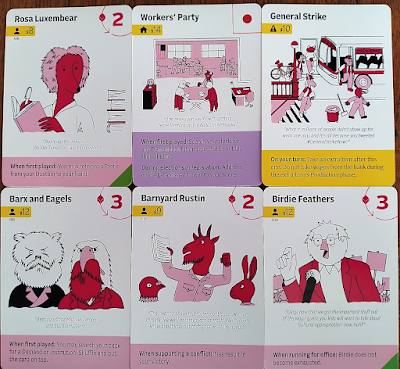 Sampling of "Class War" cards, including Rosa Luxembear, Workers' Party, General Strike, Barx and Eagels, Barynard Rustin, and Birdie Feathers.