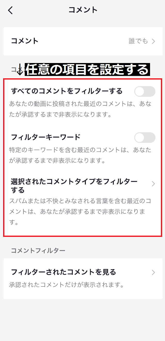 TikTokの全動画にコメントフィルター4