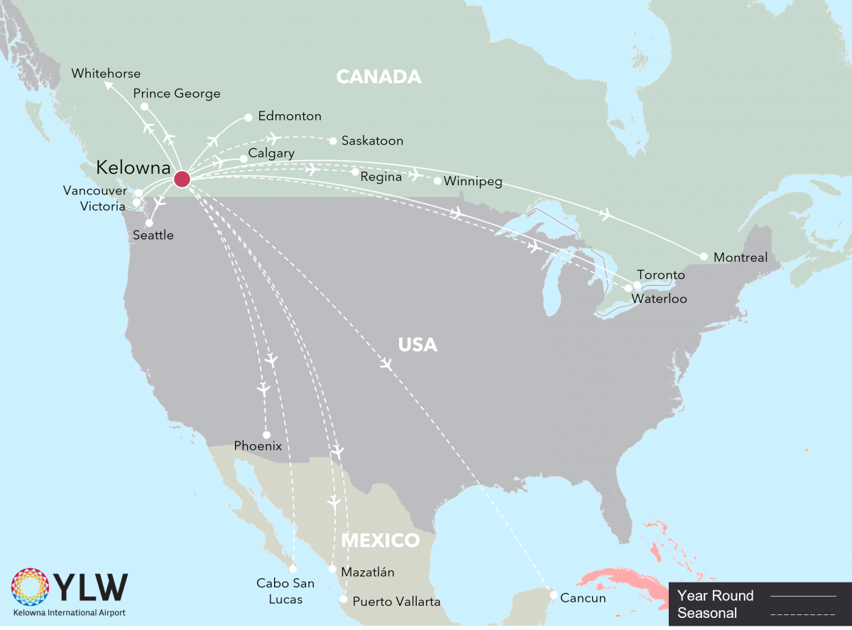 a map from the kelowna international airport YLW highlighting all the places in north america that you can fly to from kelowna