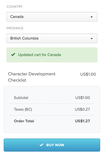 A screenshot showing selecting province at checkout on Payhip
