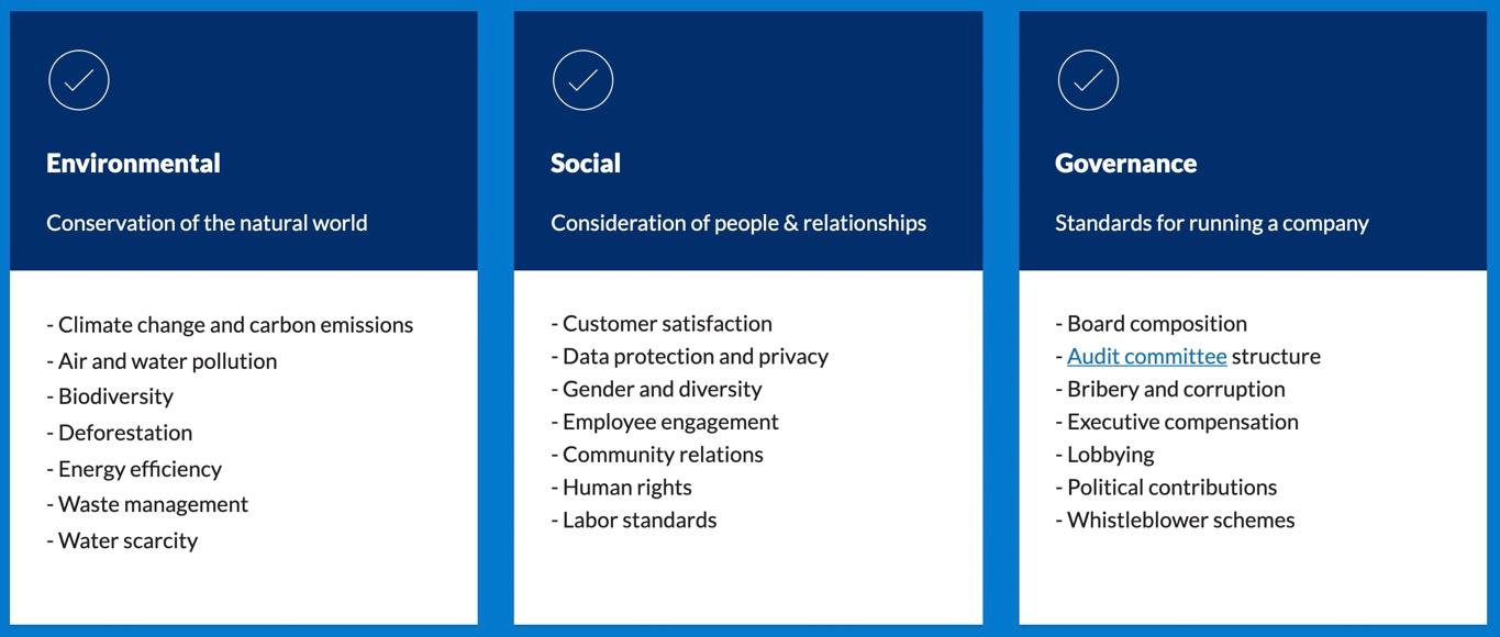 Chart depicting environmental, social, and governance examples to better understand ESG vs. CSR.