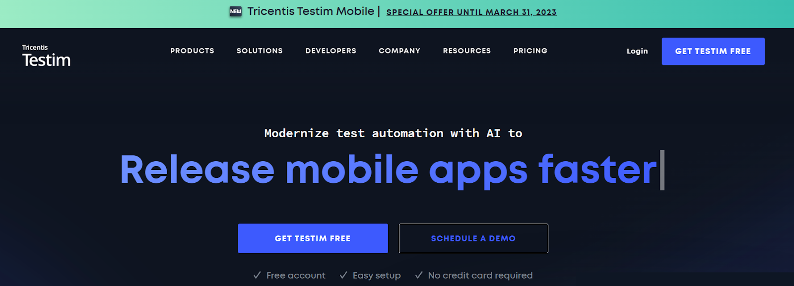 The homepage of Testim that proudly states it goal as being 'release mobile apps faster'.