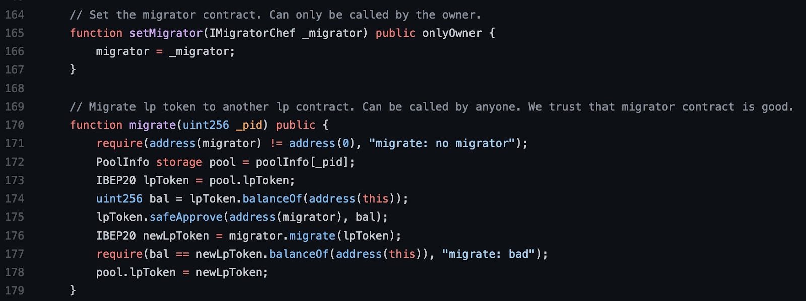 PancakeSwap's migrator code function in their MasterChef contract