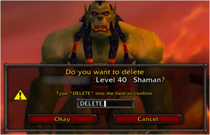 "Delete Avatar" Dialog Box from World of Warcraft for Ethics in the Videogame Industry article by Celia Hodent, PhD