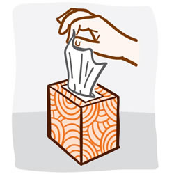 Illustration of a hand pulling a tissue from a box. 