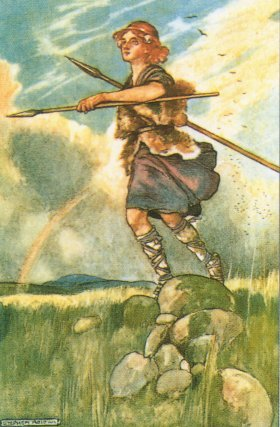 Young Cú Chulainn by Stephen Reid. A boy with spears in a field.