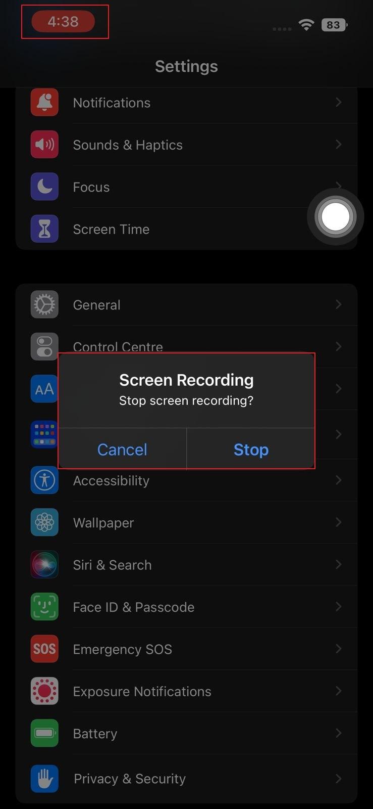 stop the iphone screen recording