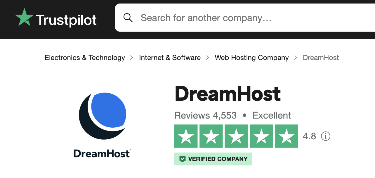 Screenshot of Trustpilot. DreamHost has 4,553 reviews, rated 4.8 stars out of 5 for its web hosting.