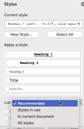 Word for Mac Styles Pane, cursor on dropdown to switch from Recommended Styles to All Styles