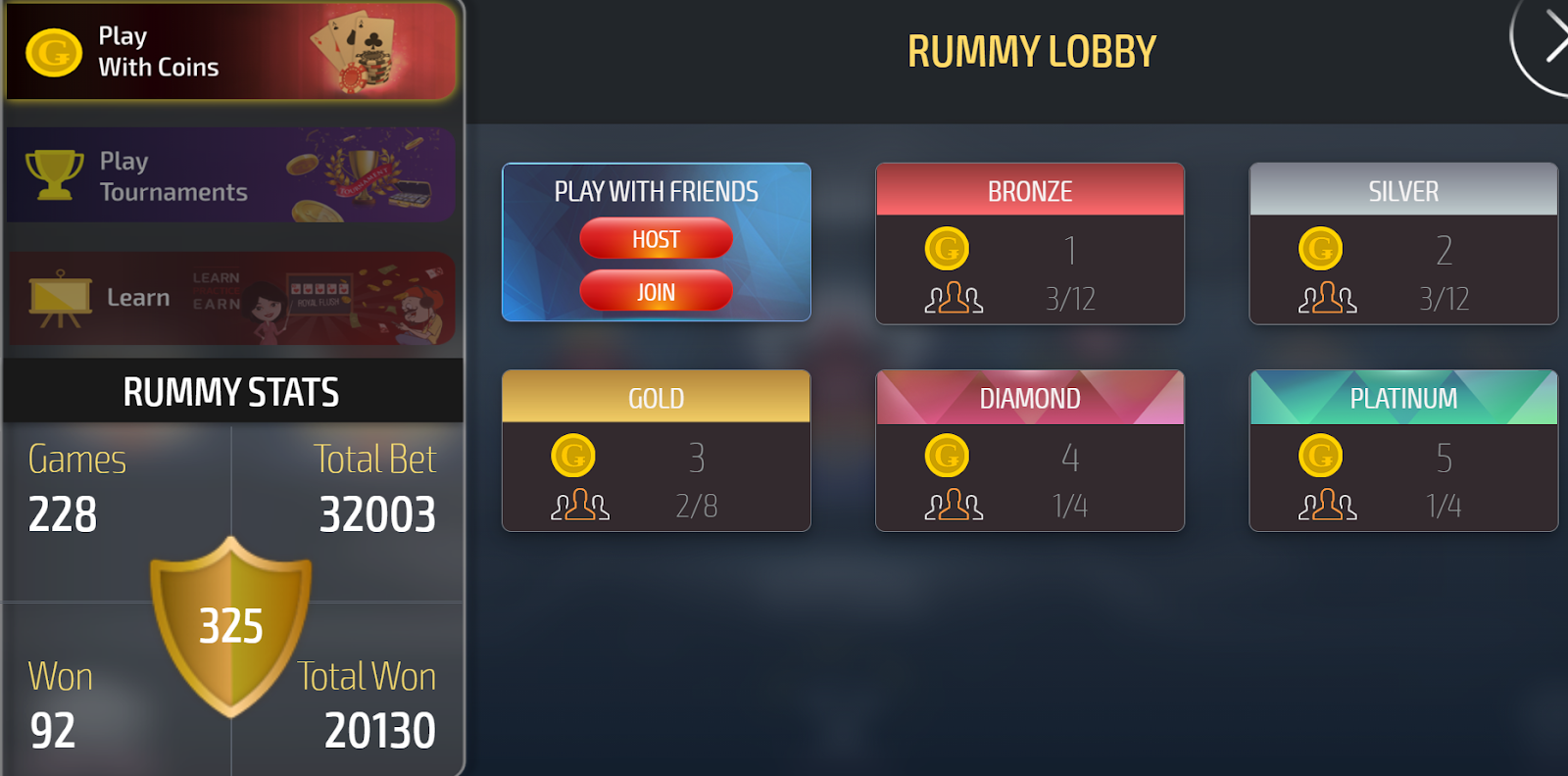 Select the host tab on Rummy lobby 