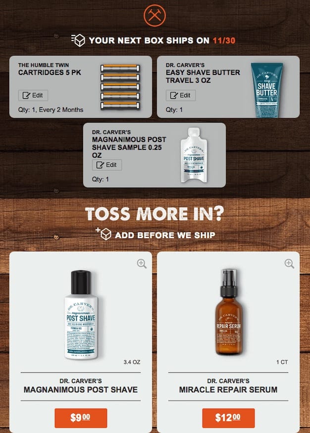 Dollar Shave Club cross-sell and upsell order confirmation email example