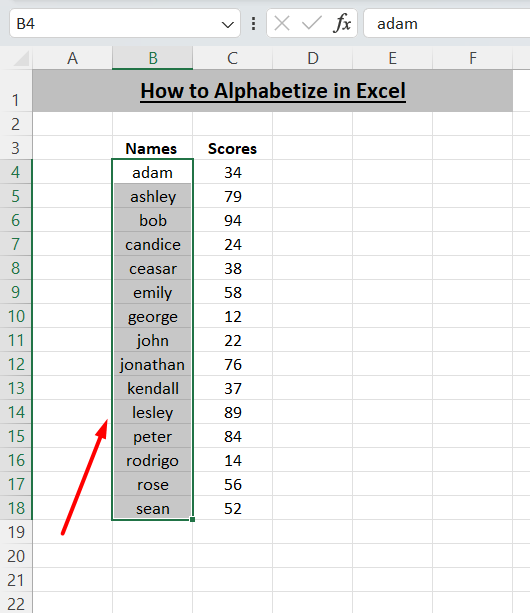 how to alphabetize in Excel- data has been alphabetized