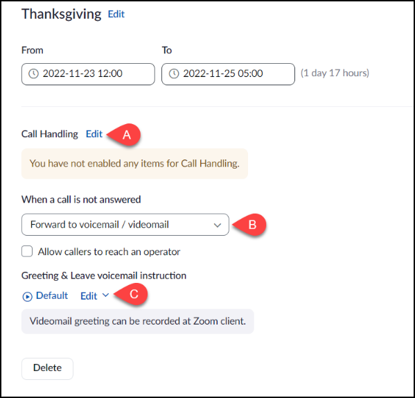 Holiday hours and call handling options screen