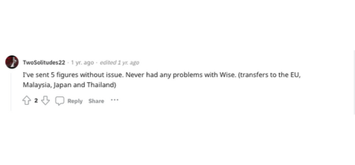 A person on Reddit sharing their Wise review and how they had no issues using the money transfer app. 