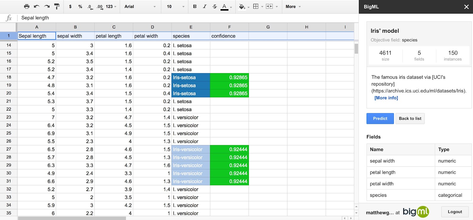 BigML en Google Sheets