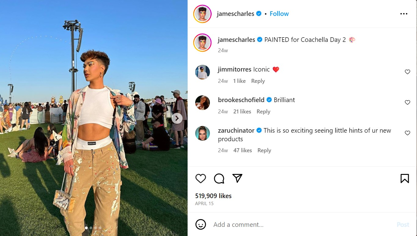 Screenshot of James Charles post in attendance at Coachella. 